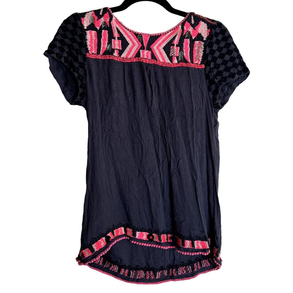 HD In Paris Blouse Top Women 10 Grey Boho Cottagecore Prairie Pleated Embroidery